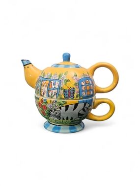 Catzilla Cats in the Garden Tea-for-One Set Candace Reiter Yellow Cat Teapot